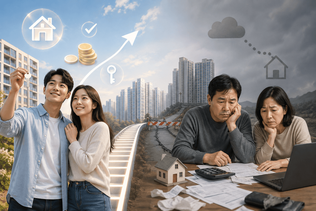 청년 주거지원과 4050 무주택자의 주거 현실을 대비해 표현한 이미지