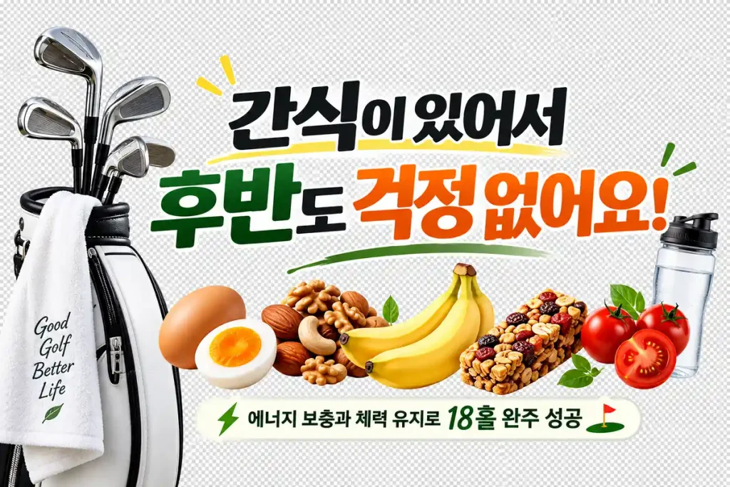 라운딩 후반 체력 관리를 위해 구운 계란, 견과류, 바나나, 에너지바, 방울토마토와 물을 챙긴 골프 간식 이미지